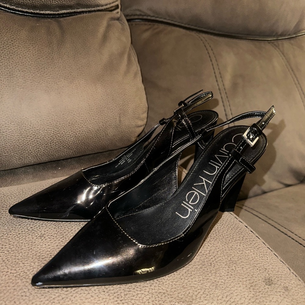 Calvin Klein Black Patent Leather Pointed Slingback Heels